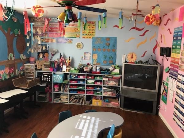 Organized daycare activity room with books, art supplies, and learning materials